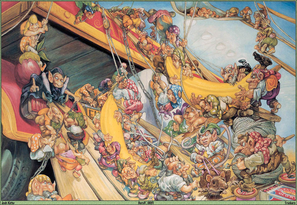 Nomes hauling a banana among ropes and cotton reels in Josh Kirby's artwork for Truckers